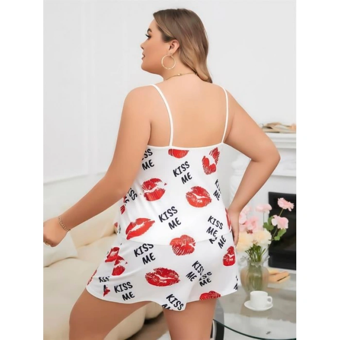 Arias Closet Büyük Beden Kiss Me Öpücük Desen Pamuklu Şortlu Pijama Takımı