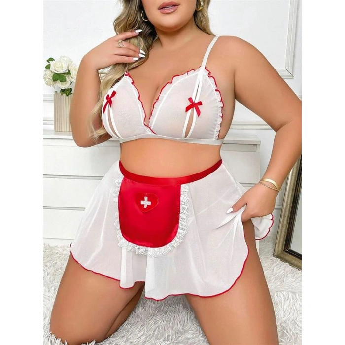 Arias Closet Büyük Beden Kurdelalı Göğüs Dekolteli Fantezi Hemşire Kostümü