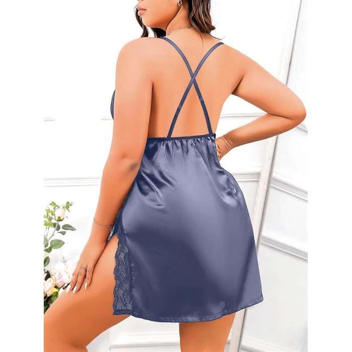 Arias Closet Büyük Beden Lacivert Dantel İşlemeli İnce Askılı Saten Fantezi Gecelik