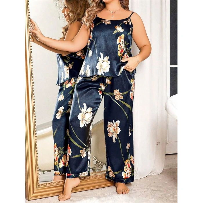 Arias Closet Büyük Beden Mavi Üstüne Çiçek Desenli İnce Askılı 2li Saten Pijama Takımı