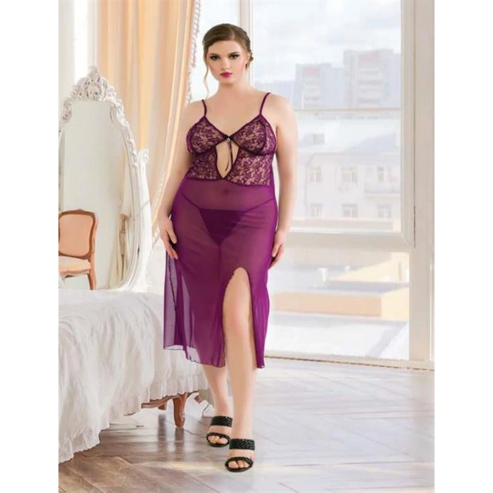 Arias Closet Büyük Beden Mor Dantelli Tül Fantezi Uzun Yırtmaçlı Gecelik