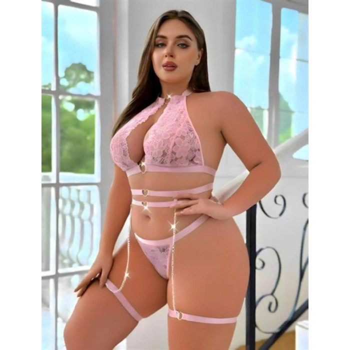Arias Closet Büyük Beden Pembe Dantel İşlemeli Zincir Detaylı Jartiyer Takımı