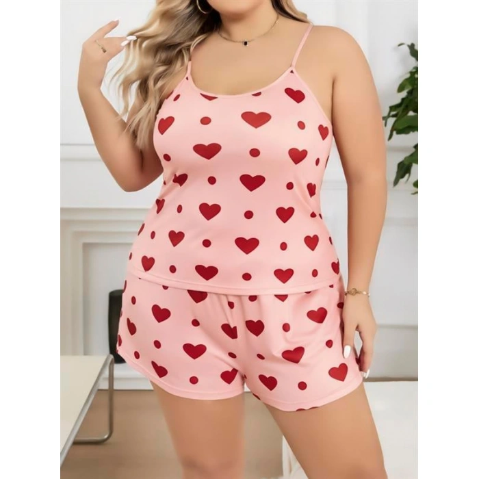 Arias Closet Büyük Beden Pembe Kalp Desen Pamuklu Şortlu Pijama Takımı