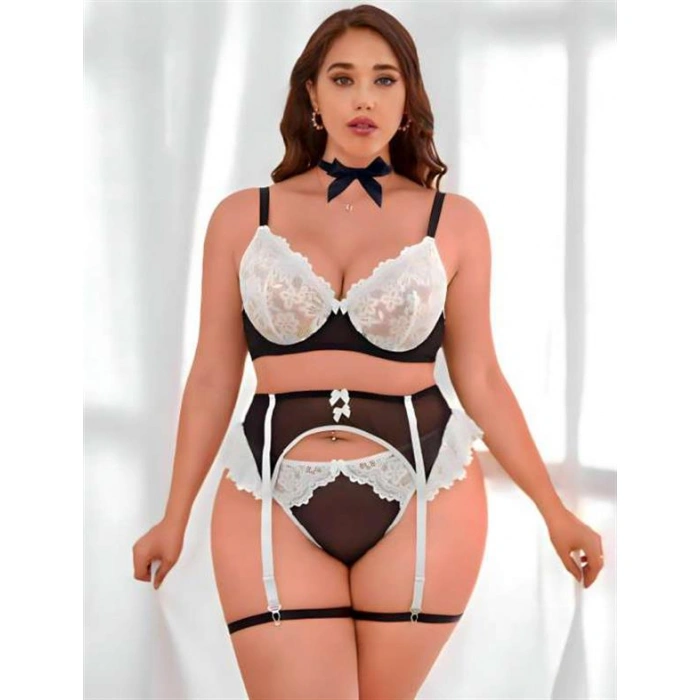 Arias Closet Büyük Beden Siyah Beyaz Dantel İşlemeli Fantezi Jartiyer Takımı