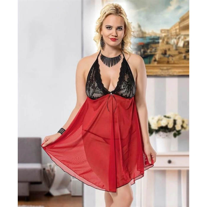 Arias Closet Büyük Beden Siyah Dantelli Boyundan Bağlamalı Fantezi Kırmızı Tül Gecelik