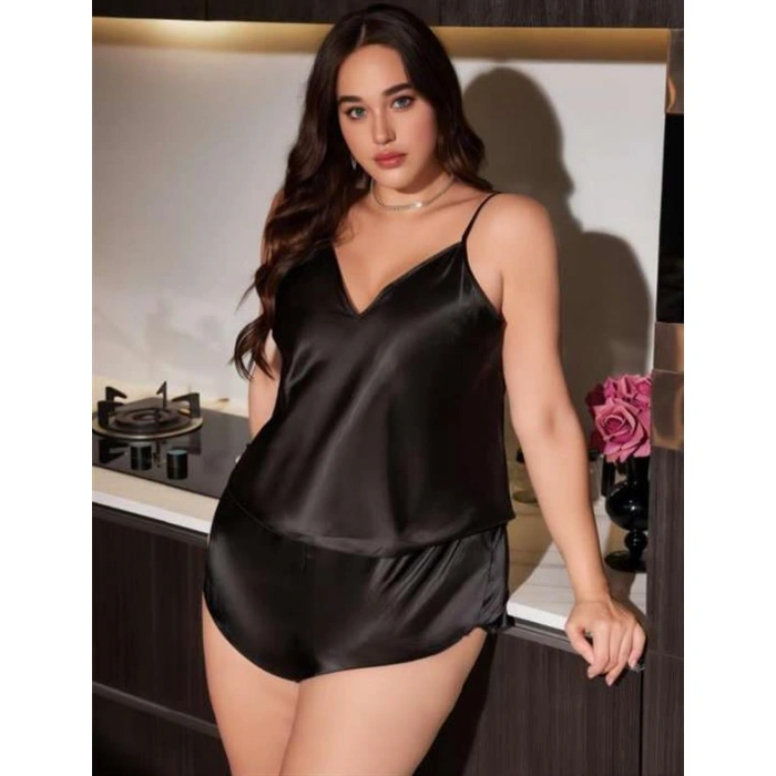 Arias Closet Büyük Beden Siyah Saten Şortlu Takım