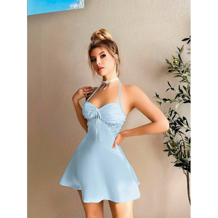 Arias Closet Dantel İşlemeli Boyundan Bağlamalı Mavi Saten Gecelik