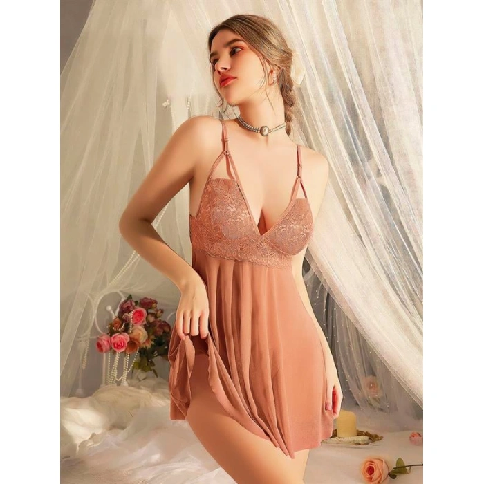 Arias Closet Dantel İşlemeli Tül Transparan Kahverengi Fantezi Gecelik