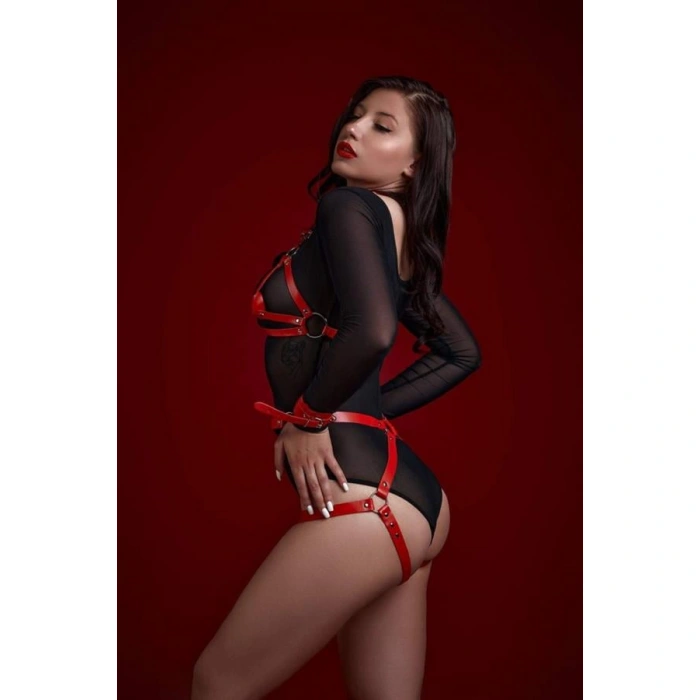 Arias Closet Fantezi Sütyen Külot Kelepçeli Kırmızı Harness Set
