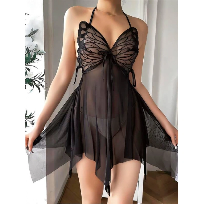 Arias Closet Kelebek Görünümlü Fantezi Tül Siyah Gecelik