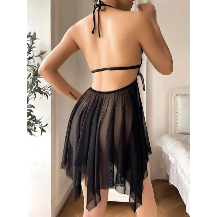 Arias Closet Kelebek Görünümlü Fantezi Tül Siyah Gecelik