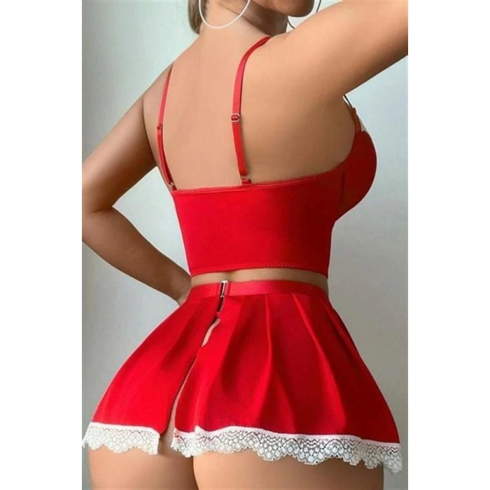 Arias Closet Kırmızı Beyaz Bacak Aksesuarlı Büstiyerli Fantezi Hizmetçi Kostümü