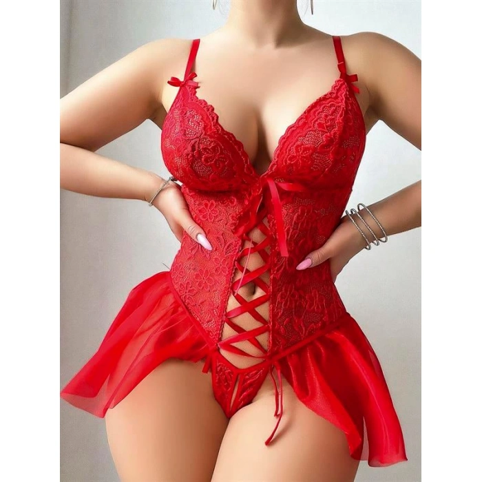 Arias Closet Kırmızı Dantel Detaylı Önü Dekolteli Fantezi Babydoll