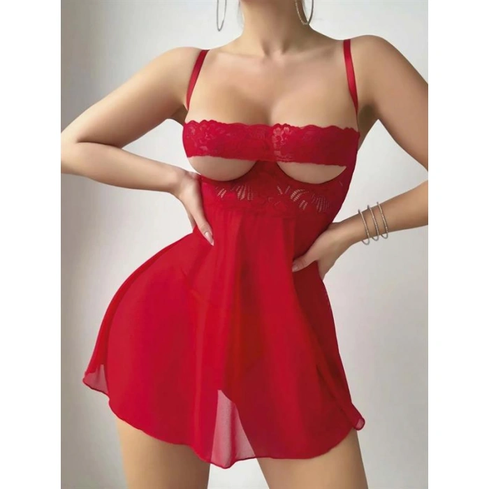 Arias Closet Kırmızı Dantel İşlemeli Göğüs Dekolteli Fantezi String Tül Gecelik Takımı