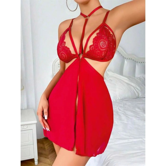 Arias Closet Kırmızı Dantel İşlemeli İp Detaylı Dekolteli Fantezi Tül Gecelik