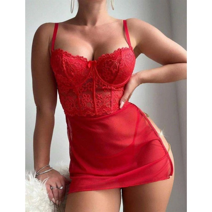 Arias Closet Kırmızı Dantelli Zincir Detaylı Tül Fantezi Gecelik