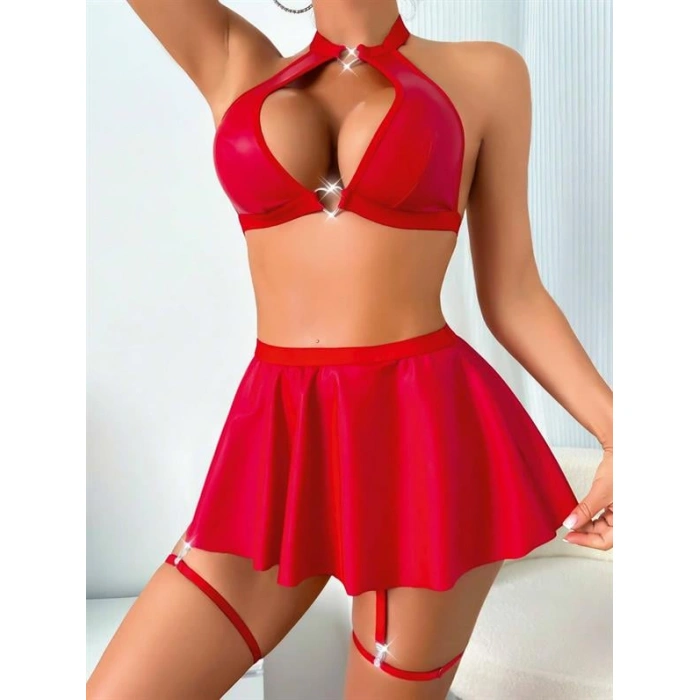 Arias Closet Kırmızı Dekolteli Etekli Boyundan Bağlamalı Fantezi Parlak Deri Kostüm