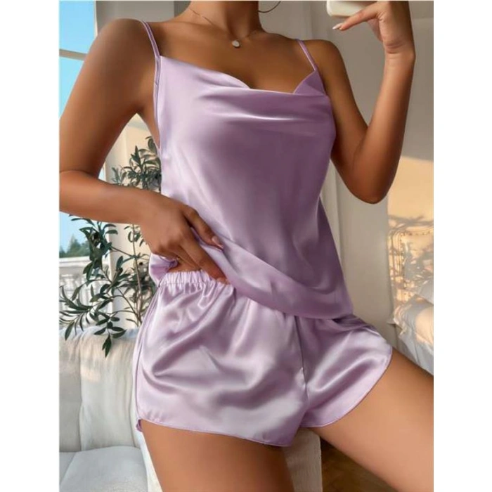 Arias Closet Lila İnce Askılı Saten Şortlu Takım