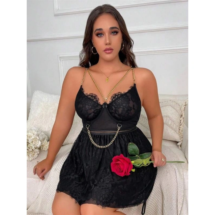 Arias Closet Özel Tasarım Büyük Beden Fantezi Zincir Detaylı Dantelli Gecelik