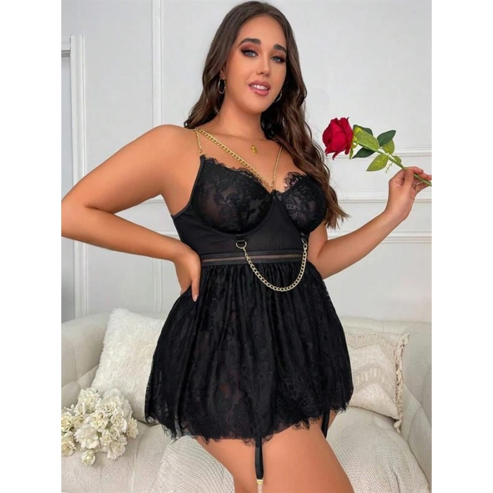 Arias Closet Özel Tasarım Büyük Beden Fantezi Zincir Detaylı Dantelli Gecelik