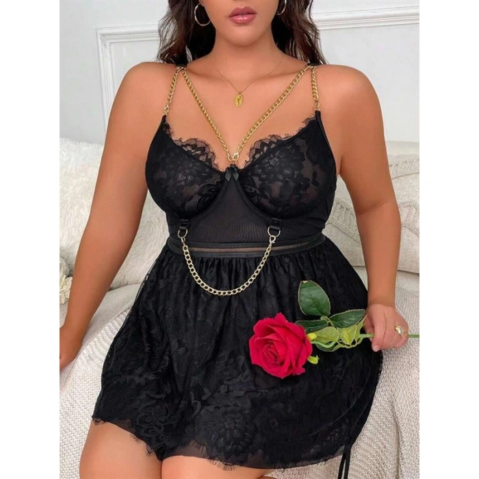 Arias Closet Özel Tasarım Büyük Beden Fantezi Zincir Detaylı Dantelli Gecelik