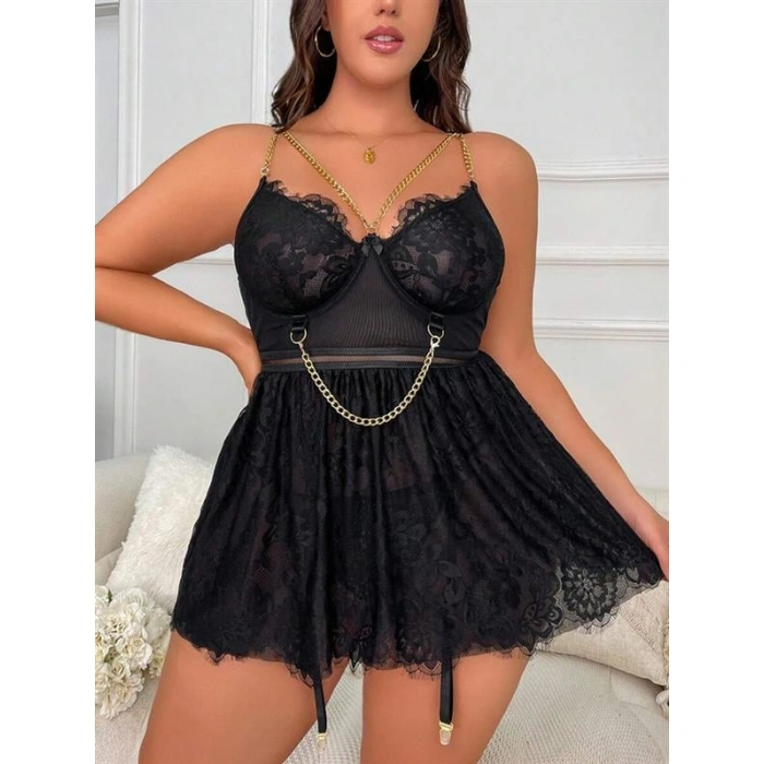 Arias Closet Özel Tasarım Büyük Beden Fantezi Zincir Detaylı Dantelli Gecelik