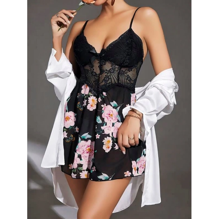 Arias Closet Özel Tasarım Çiçek Desenli Dantel İşlemeli Şık Göğüs Dekolteli Siyah Saten Gecelik