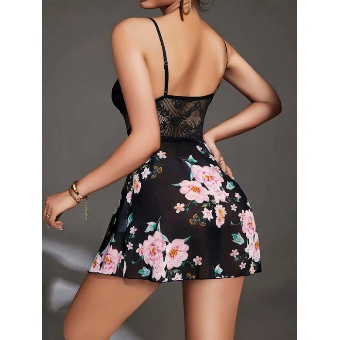 Arias Closet Özel Tasarım Çiçek Desenli Dantel İşlemeli Şık Göğüs Dekolteli Siyah Saten Gecelik