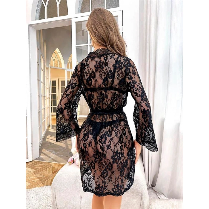 Arias Closet Özel Tasarım Çiçek Desenli Full Dantel İşlemeli Şık Siyah Fantezi Gecelik Sabahlık