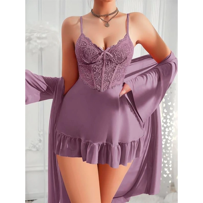 Arias Closet Özel Tasarım Dantel İşlemeli Fırfırlı Sabahlıklı 2li Mor Gecelik Takımı