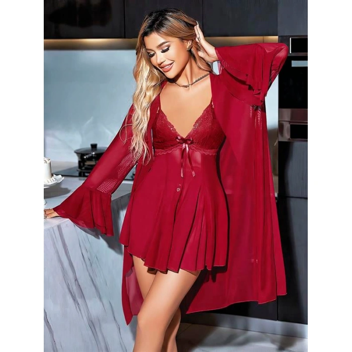 Arias Closet Özel Tasarım Dantel İşlemeli Göğüs Dekolteli Sabahlıklı Bordo 2li Tül Gecelik Takımı