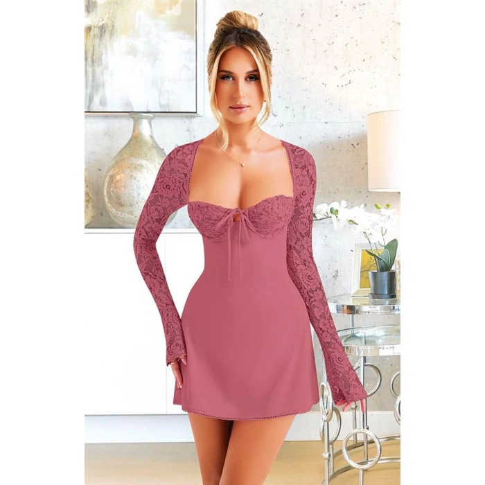Arias Closet Özel Tasarım Dantel İşlemeli Şık Uzun Bolerolu Fuşya Fantezi Mini Club Elbisesi