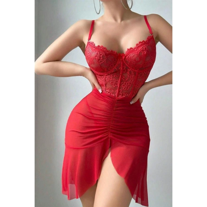 Arias Closet Özel Tasarım Kırmızı Dantel İşlemeli Korse Görünümlü Önden Büzgülü Fantezi Tül Gecelik