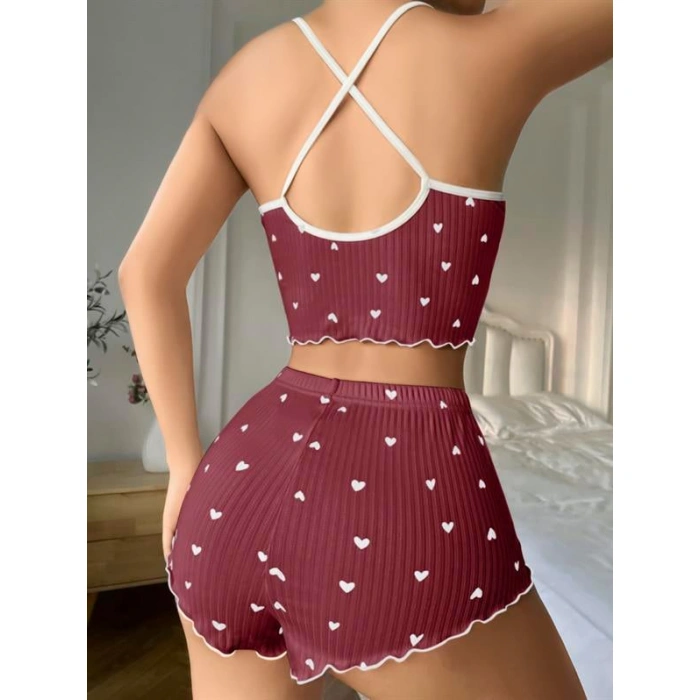 Arias Closet Pamuklu Kahverengi Üstüne Beyaz Kalp Desen Fitilli Askılı Şortlu Pijama Takımı