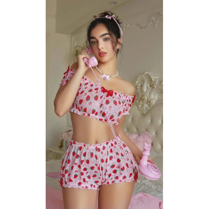 Arias Closet Pembe Çilek Desenli Şortlu Fantezi Sütyen Takımı