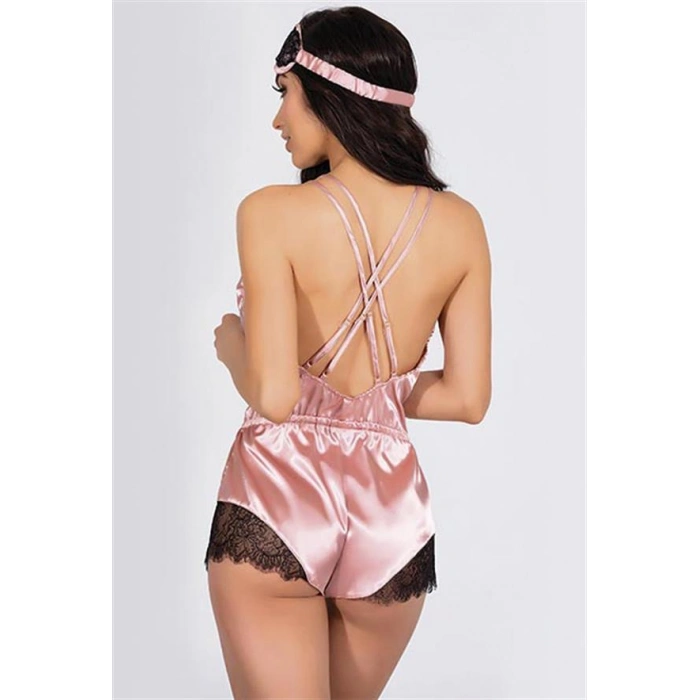 Arias Closet Pembe Dantelli Sırtı Çapraz Saten Şort Tulum