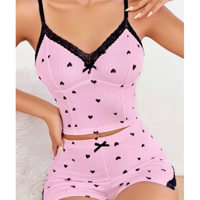 Arias Closet Pembe Kalp Desenli Askılı Şortlu Pijama Takım