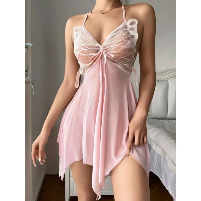 Arias Closet Pembe Kelebek İşlemeli Tül Fantezi Gecelik