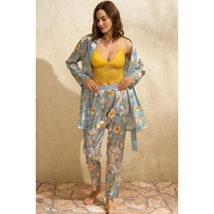 Arias Closet Saten Çiçek Baskılı Sabahlık Balensiz Desteksiz Dolgusuz Dantelli Bralet Sütyen ve Pantolon Pijama 3lü Takım