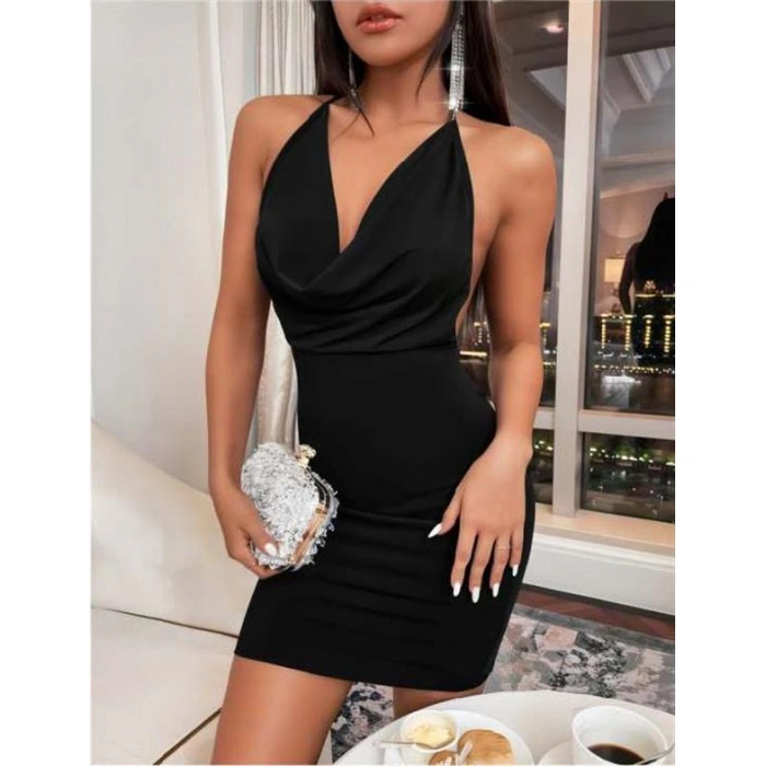 Arias Closet Siyah Boyundan Bağlamalı Sırt Dekolteli Mini Club Elbisesi