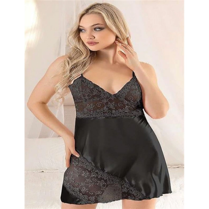 Arias Closet Siyah Dantel İşlemeli İnce Askılı Saten Kısa Fantezi Gecelik