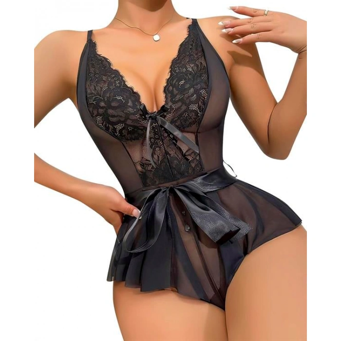 Arias Closet Siyah Dantel İşlemeli Kurdelalı Fantezi Tül Babydoll