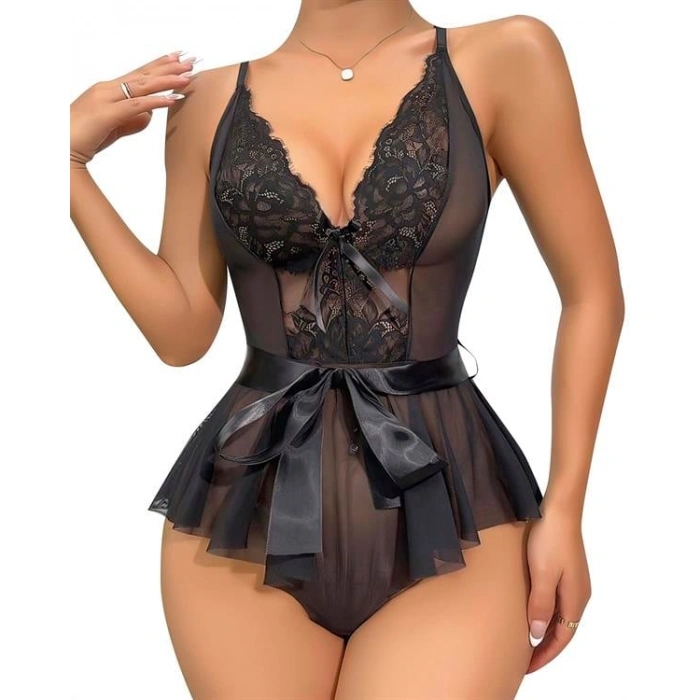 Arias Closet Siyah Dantel İşlemeli Kurdelalı Fantezi Tül Babydoll