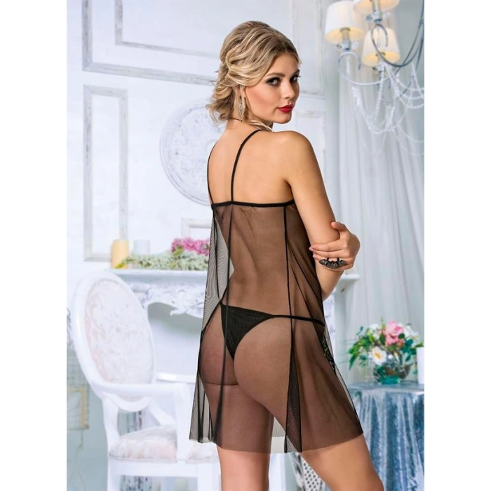 Arias Closet Siyah Dantel İşlemeli Önden Yırtmaçlı Fantezi Tül Gecelik Takımı