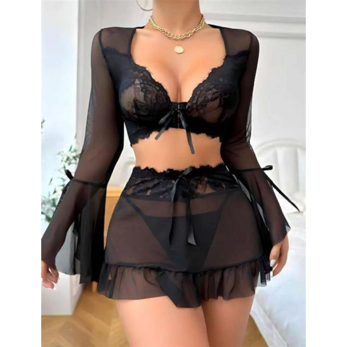 Arias Closet Siyah Dantelli Etekli Fantezi Tül Bolero Sütyen Takım