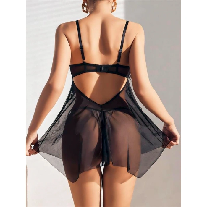Arias Closet Siyah Göğüsleri Kurdela Detaylı Fantezi Şık Tül Gecelik