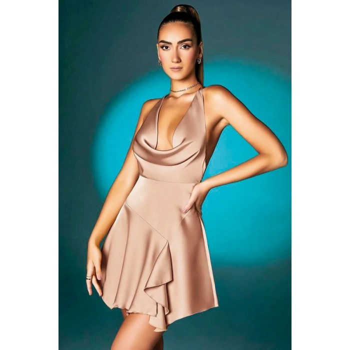 Arias Closet Somon Askılı Degajeli Fantezi Mini Elbise