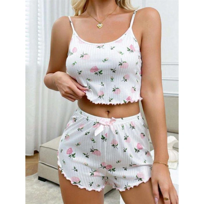 Arias Closet Beyaz Üstüne Gül Desenli Fitilli Askılı Şortlu Pijama Takımı