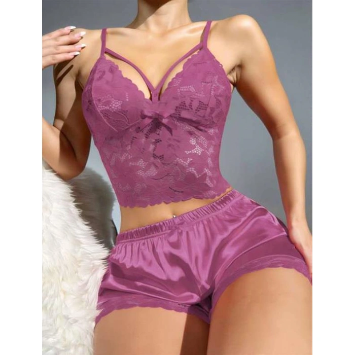 Arias Closet Dantelli Büstiyer İnce Askılı Lila Saten Şortlu Takım