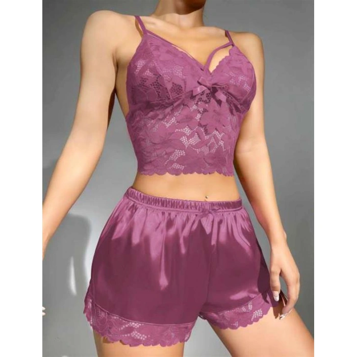 Arias Closet Dantelli Büstiyer İnce Askılı Lila Saten Şortlu Takım